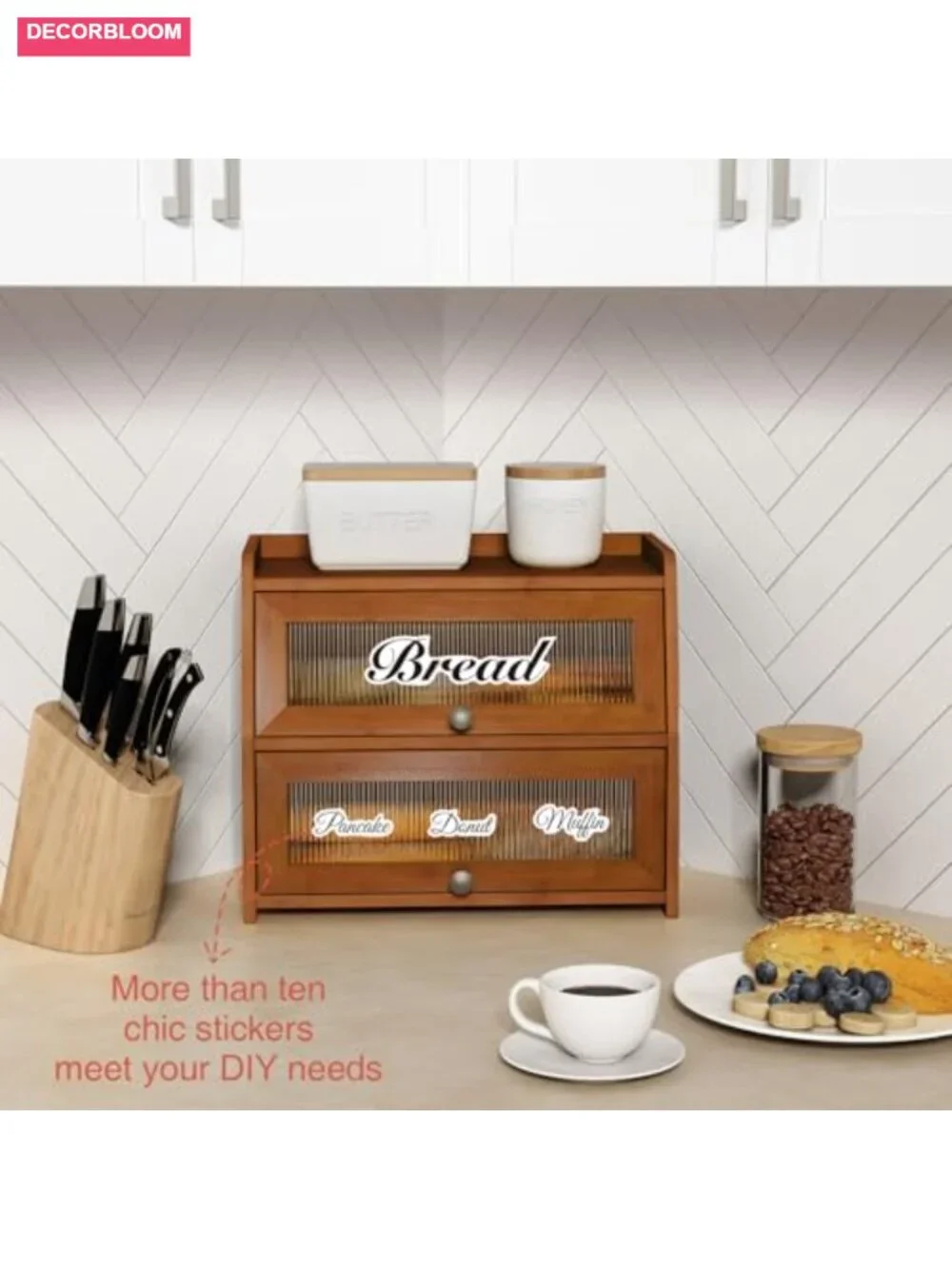 Wooden 2-Tier Bread Box with Bamboo Material and Ventilated Roll Top